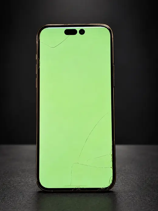 شاشة آيفون 14 برو ماكس مكسورة وتظهر باللون الأخضر قبل التبديل - iPhone 14 Pro Max cracked screen before repair